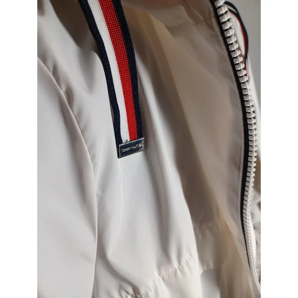 Tommy Hilfiger Jacket Mens 2XL White Hooded Windbreaker‎ Logo Tape Zip Casual